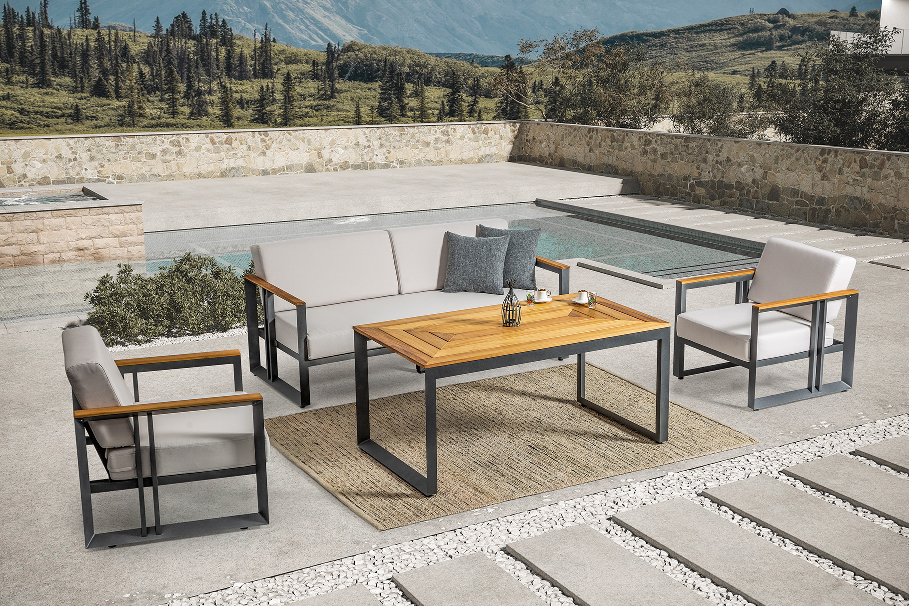 Poolside outdoor furniture hotel resort — Vertuden Turkey